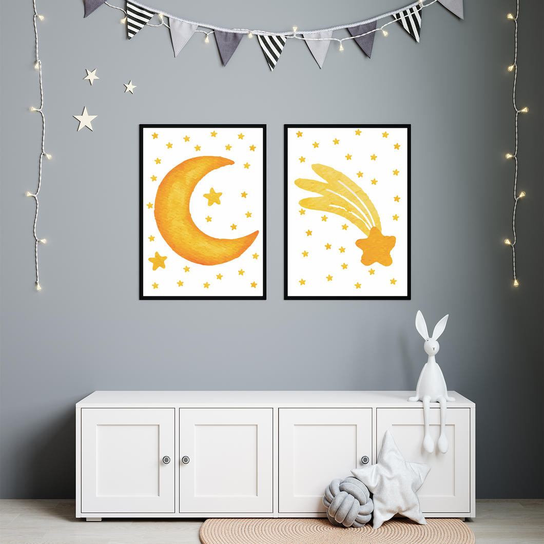 Mond Sterne 2er Set Kinderzimmer Bilder DIN A4 Wandbilder Deko Babyzimmer Poster