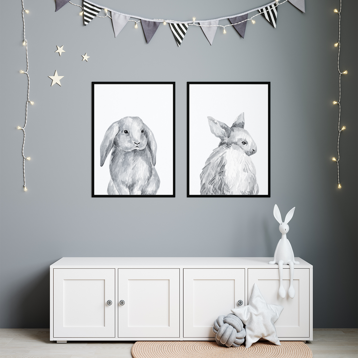 Hase 2er Set Bilder Kinderzimmer Deko DIN A4 Poster Babyzimmer Wandbilder