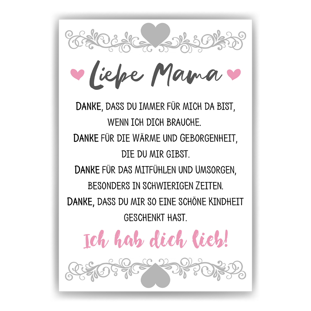 Mama Poster DIN A4 Danksagung Kunstdruck Muttertag Geschenk Dankeschön Beste Mutter Wandbild Mama Geburtstag Weihnachten