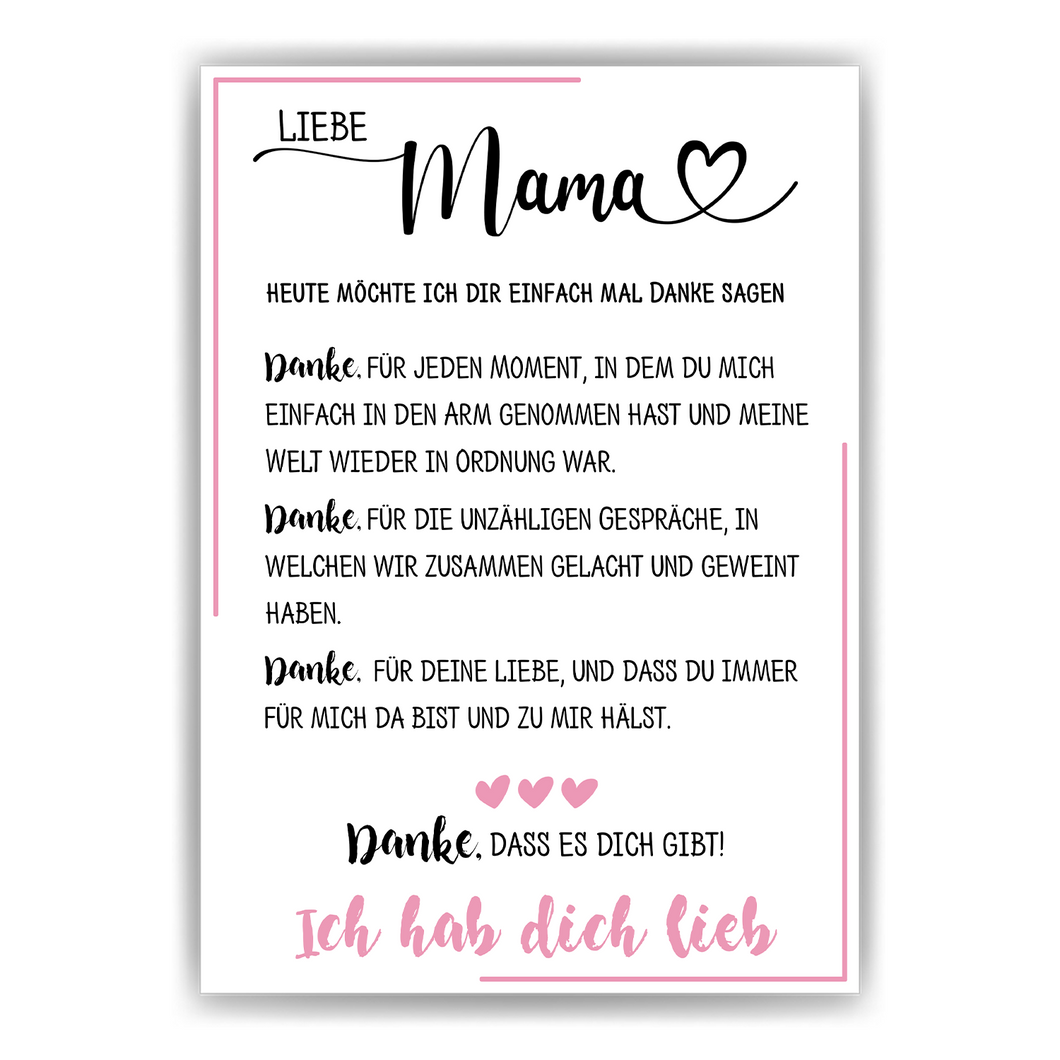 Danke Liebe Mama Poster Danksagung DIN A4 Kunstdruck Muttertag Geschenk Dankeschön Beste Mutter Wandbild Mama Geburtstag Weihnachten