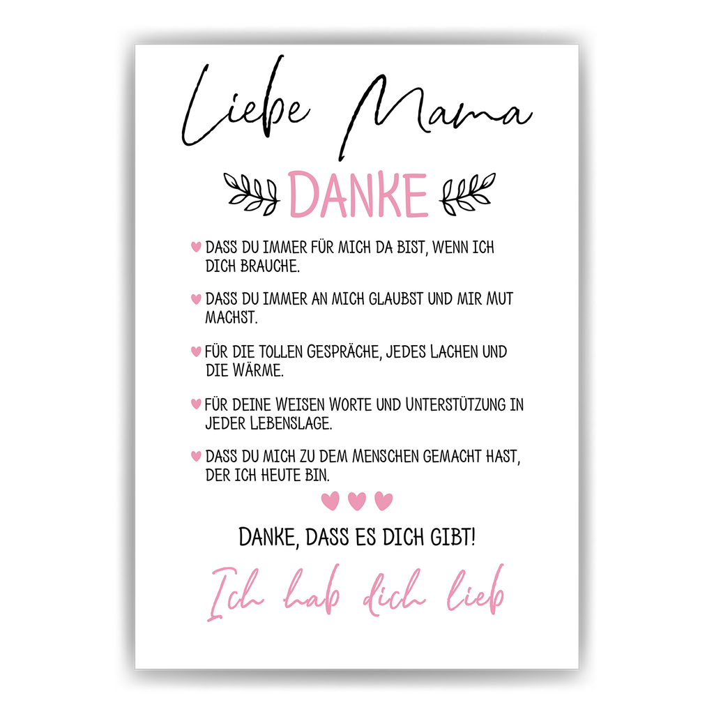 Danke Mama Bild DIN A4 Poster Kunstdruck personalisierbar Muttertag Geschenk Danksagung Beste Mutter Wandbild