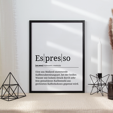 Laden Sie das Bild in den Galerie-Viewer, Espresso Poster Definition - Kaffee Wandbild Barista Küche Wanddeko Kaffeeliebhaber Geschenk
