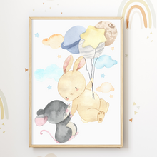 Laden Sie das Bild in den Galerie-Viewer, Luftballon Tiere Bilder 3er Set DIN A4 Kinderzimmer Wandbilder Babyzimmer Poster Dekoration - Fuchs Maus Hase Koala
