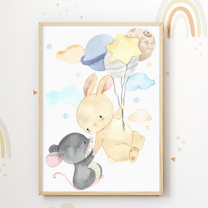 Luftballon Tiere Bilder 3er Set DIN A4 Kinderzimmer Wandbilder Babyzimmer Poster Dekoration - Fuchs Maus Hase Koala