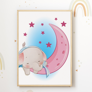 Mond Schlafende Tiere Bär Elefant Giraffe Bilder 3er Set DIN A4 Kinderzimmer Wandbilder Babyzimmer Poster Dekoration