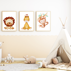Safari Tiere Bilder 3er Set DIN A4 Kinderzimmer Wandbilder Babyzimmer Poster Dekoration - Affe Löwe Giraffe
