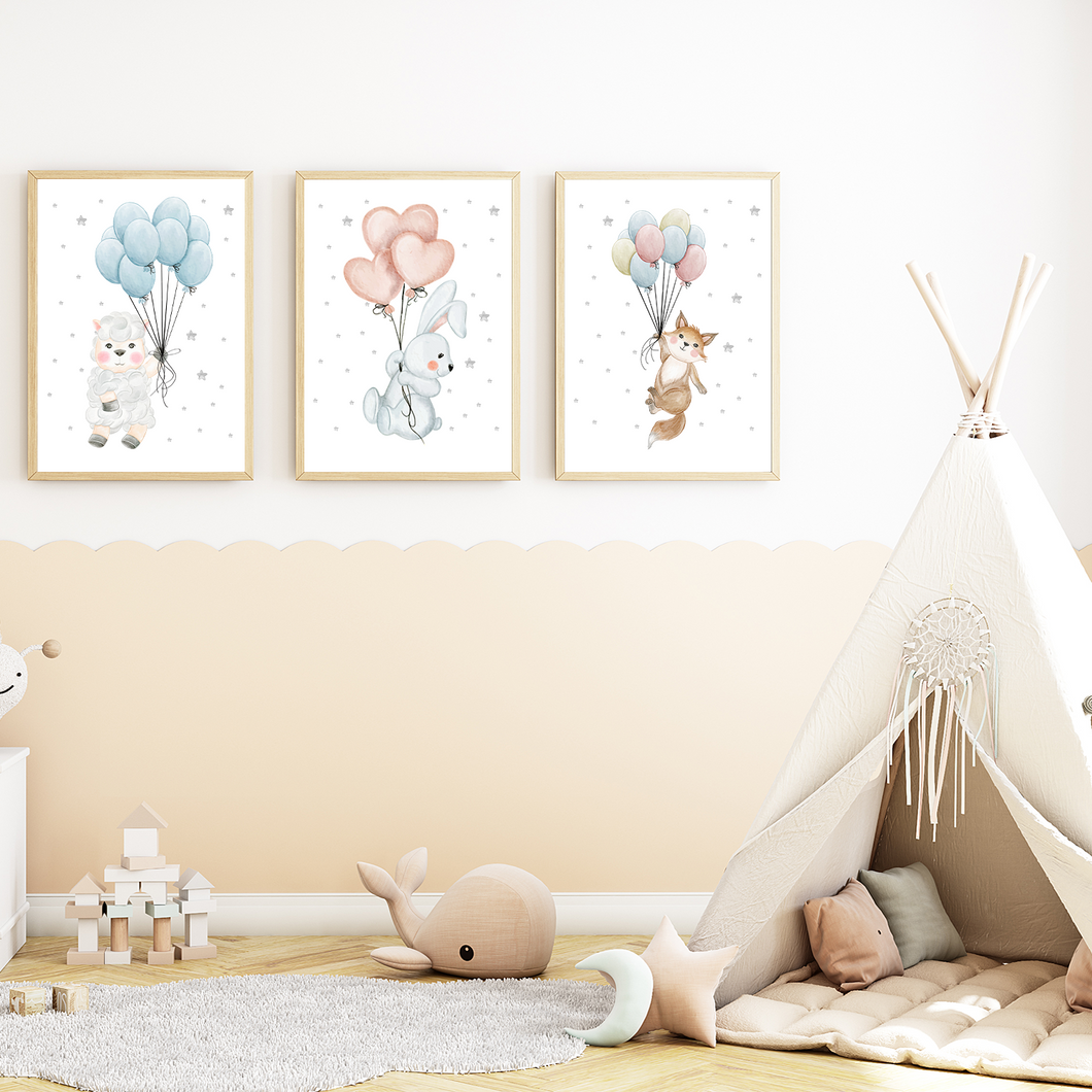 Luftballon Tiere 3er Set Bilder Schaf Hase Fuchs Kinderzimmer Deko DIN A4 Poster Babyzimmer Wandbilder