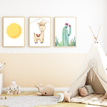 Laden Sie das Bild in den Galerie-Viewer, Sonne Lama Kaktus 3er Set Bilder Kinderzimmer Deko DIN A4 Poster Babyzimmer Wandbilder
