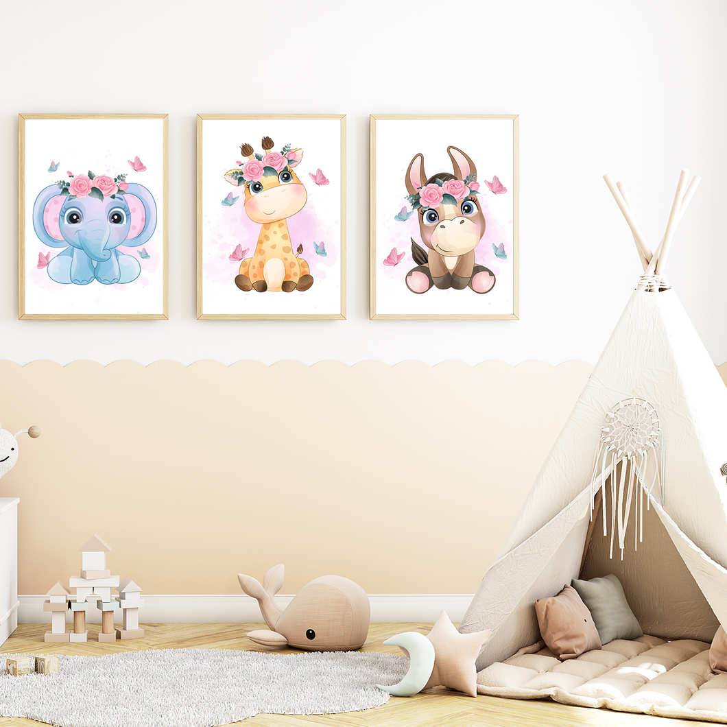 Niedliche Tiere 3er Set Bilder Elefant Giraffe Esel Kinderzimmer Deko DIN A4 Poster Babyzimmer Wandbilder