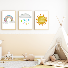 Laden Sie das Bild in den Galerie-Viewer, Wolke Sonne Regenbogen Bilder 3er Set DIN A4 Kinderzimmer Wandbilder Babyzimmer Poster Dekoration
