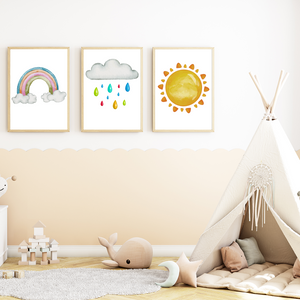 Wolke Sonne Regenbogen Bilder 3er Set DIN A4 Kinderzimmer Wandbilder Babyzimmer Poster Dekoration