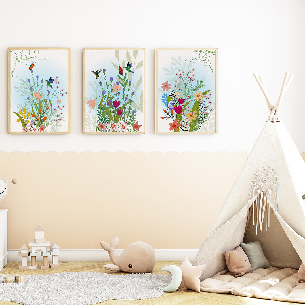 Natur Blumen Bilder 3er Set DIN A4 Kinderzimmer Wandbilder Babyzimmer Poster Dekoration