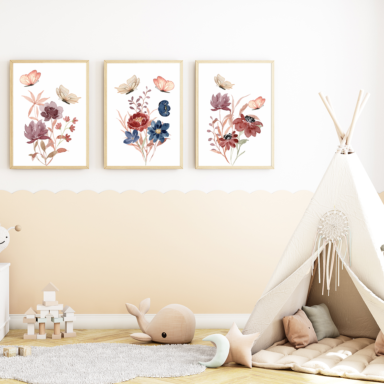 Natur Schmetterling Blumen 3er Wandbild – Tigerlino® A4 Kinderzimmer Bilder Set DIN