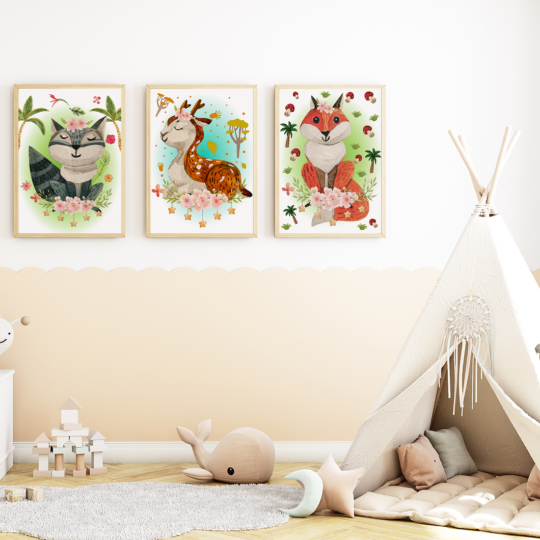 Waldtiere Waschbär Reh Fuchs Bilder 3er Set DIN A4 Kinderzimmer Wandbilder Babyzimmer Poster Dekoration