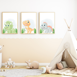 Dinosaurier 3er Set Bilder Baby Dinos Kinderzimmer Deko DIN A4 Poster Babyzimmer Wandbilder