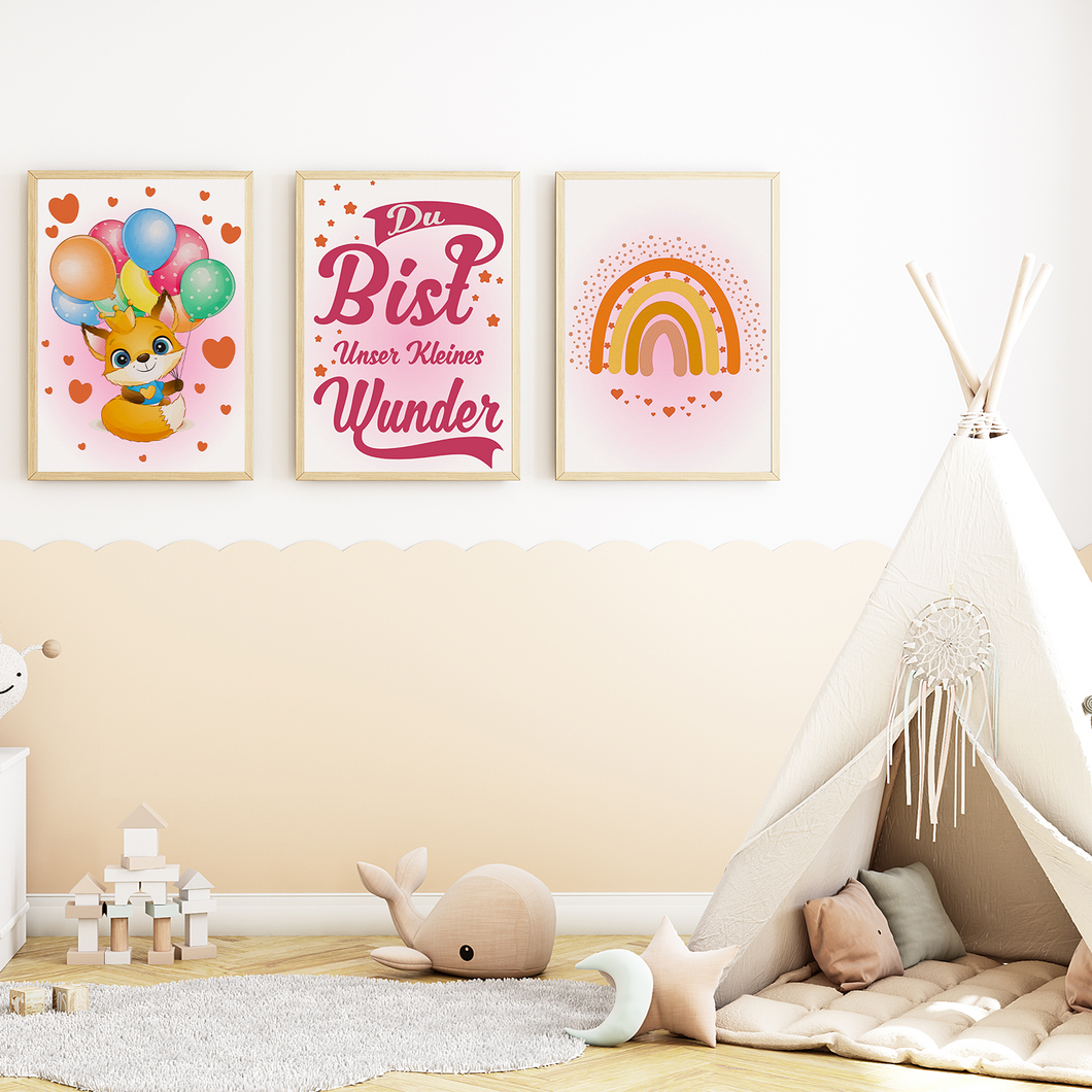 Du bist unser kleines Wunder Bilder 3er Set DIN A4 Kinderzimmer Wandbilder Babyzimmer Poster Dekoration Fuchs Regenbogen Luftballon