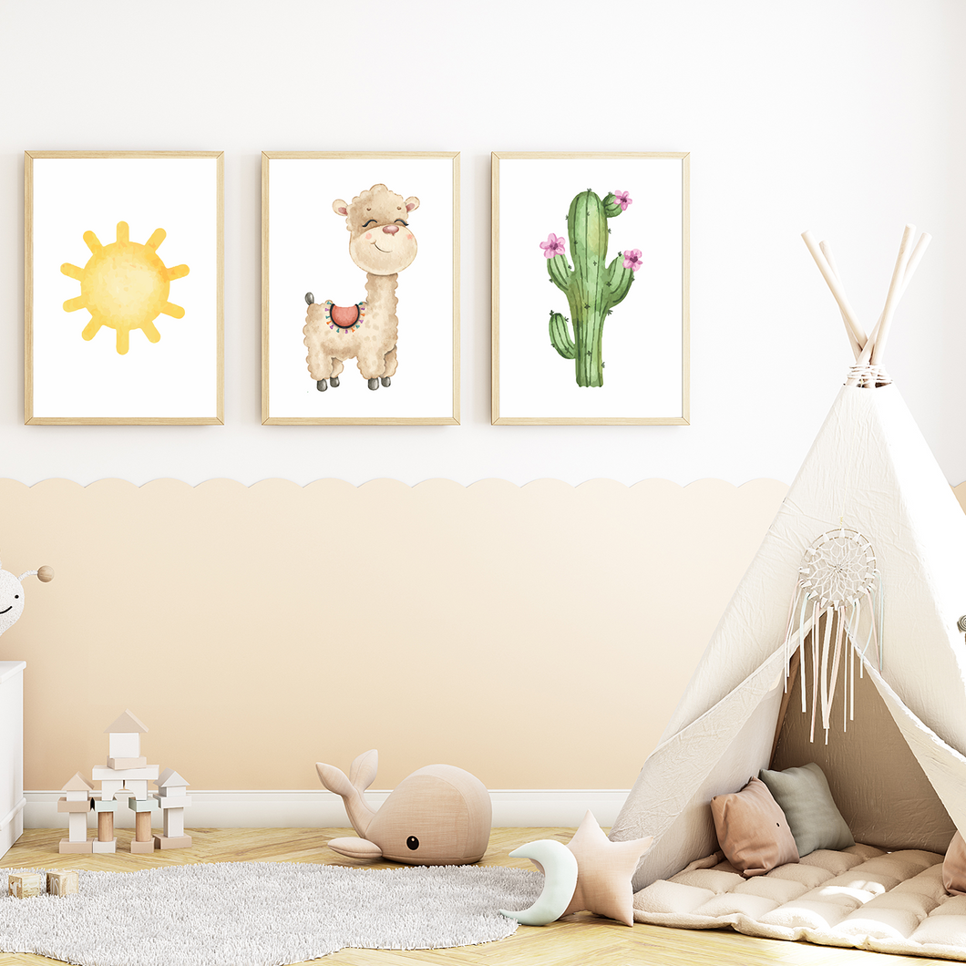 Sonne Lama Kaktus 3er Set Kinderzimmer Bilder DIN A4 Wandbilder Deko Babyzimmer Poster