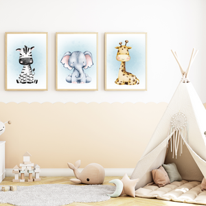 Safari Tiere 3er Set Bilder Zebra Elefant Giraffe Kinderzimmer Deko DIN A4 Poster Babyzimmer Wandbilder