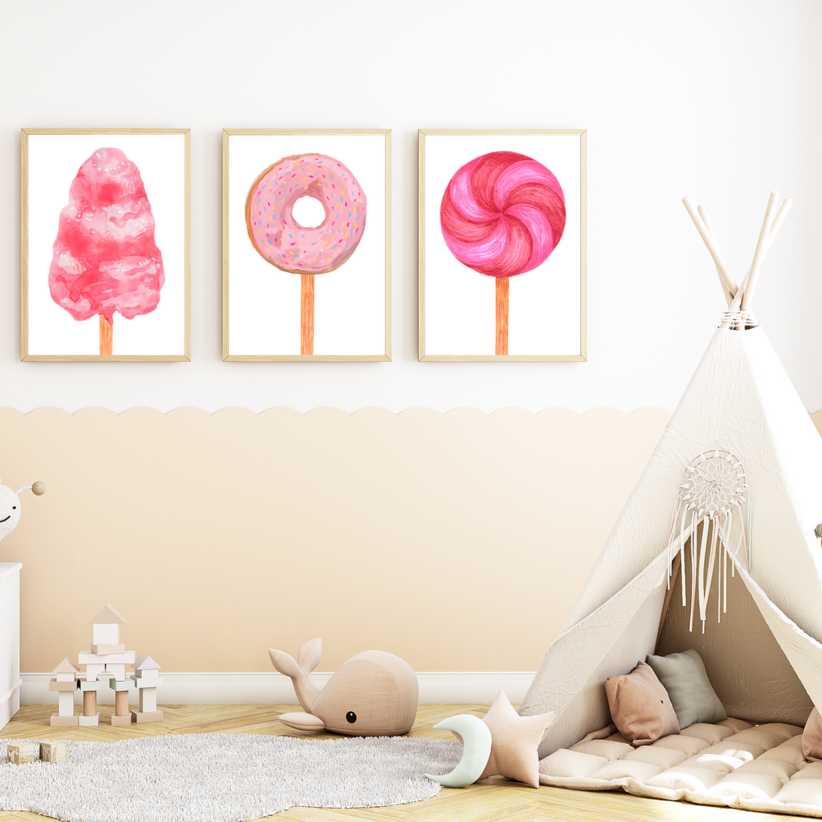 Candy Zuckerwatte Donut Lollipop 3er Set Bilder Süßigkeiten Kinderzimmer Deko DIN A4 Poster Wandbilder