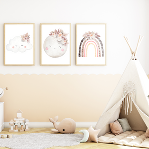 Mond Regenbogen Wolke Boho Bilder 3er Set DIN A4 Kinderzimmer Wandbilder Babyzimmer Poster Dekoration