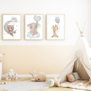 Süße Tiere 3er Set DIN A4 Kinderzimmer Wandbilder Babyzimmer Poster Dekoration Bär Elefant Giraffe