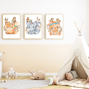 Niedliche Indianer Tiere 3er Set DIN A4 Kinderzimmer Wandbilder Babyzimmer Poster Dekoration