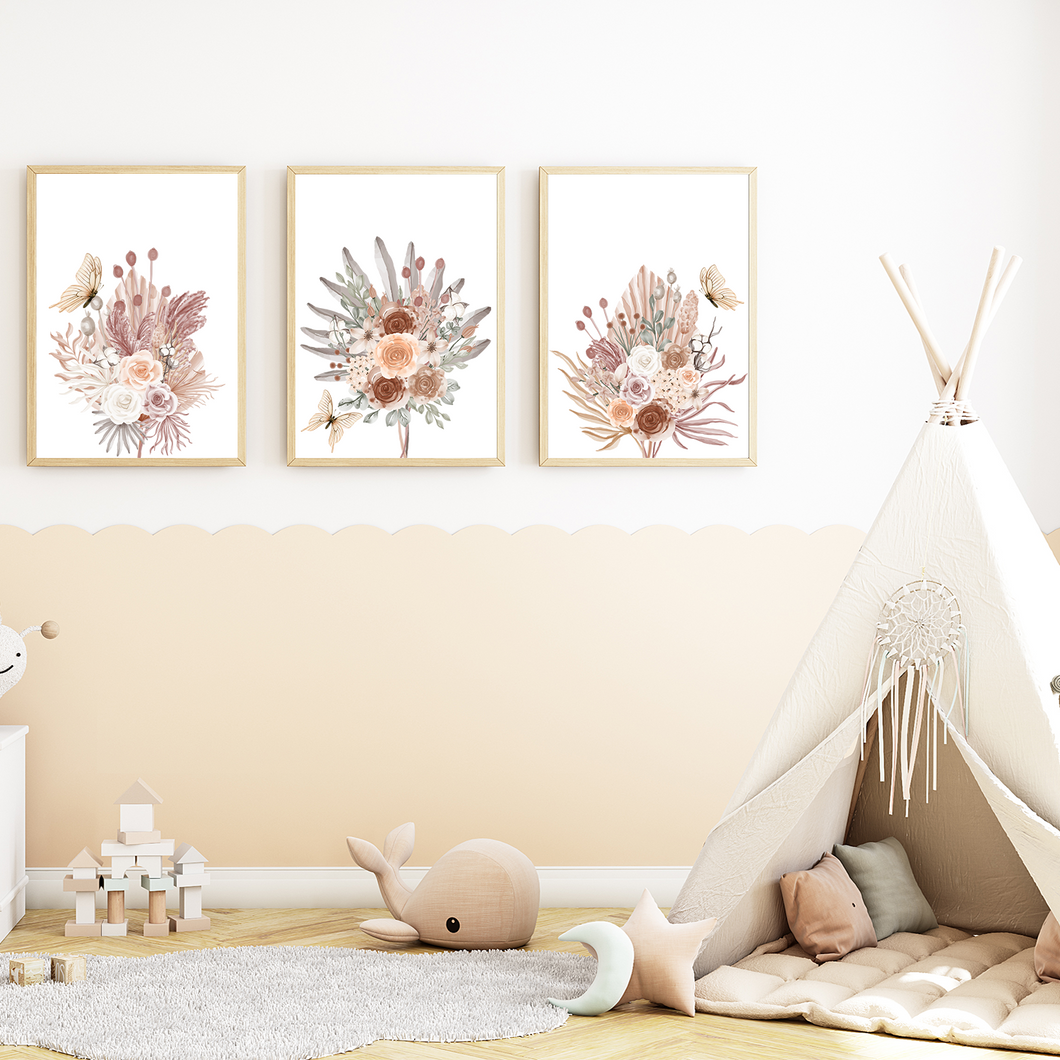 Blumen Boho Natur Schmetterling 3er Set Bilder Kinderzimmer Deko DIN A4 Poster Babyzimmer Wandbilder