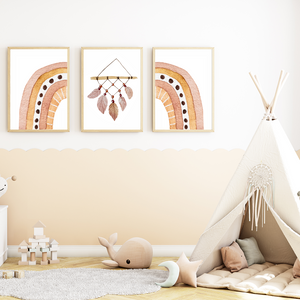 Boho Regenbogen Indianer Feder 3er Set Kinderzimmer Bilder DIN A4 Wandbilder Deko Babyzimmer Poster