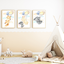 Laden Sie das Bild in den Galerie-Viewer, Luftballon Tiere Bilder 3er Set DIN A4 Kinderzimmer Wandbilder Babyzimmer Poster Dekoration - Fuchs Maus Hase Koala
