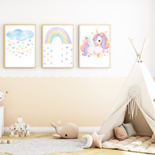 Laden Sie das Bild in den Galerie-Viewer, Regenbogen Einhorn Bilder 3er Set DIN A4 Kinderzimmer Wandbilder Babyzimmer Poster Dekoration
