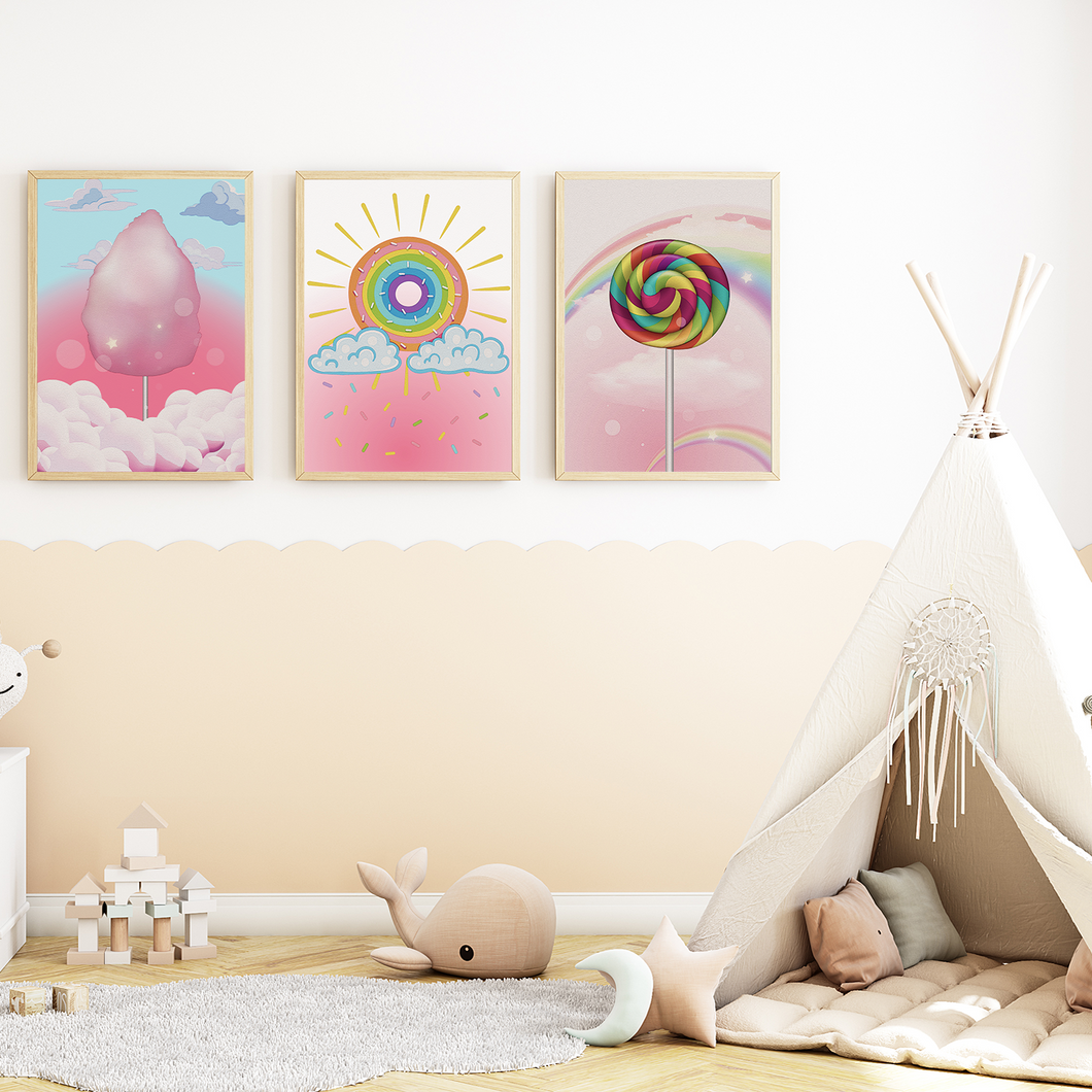 Zuckerwatte Lollipop Süßigkeiten Bilder 3er Set DIN A4 Kinderzimmer Wandbilder Babyzimmer Poster Dekoration