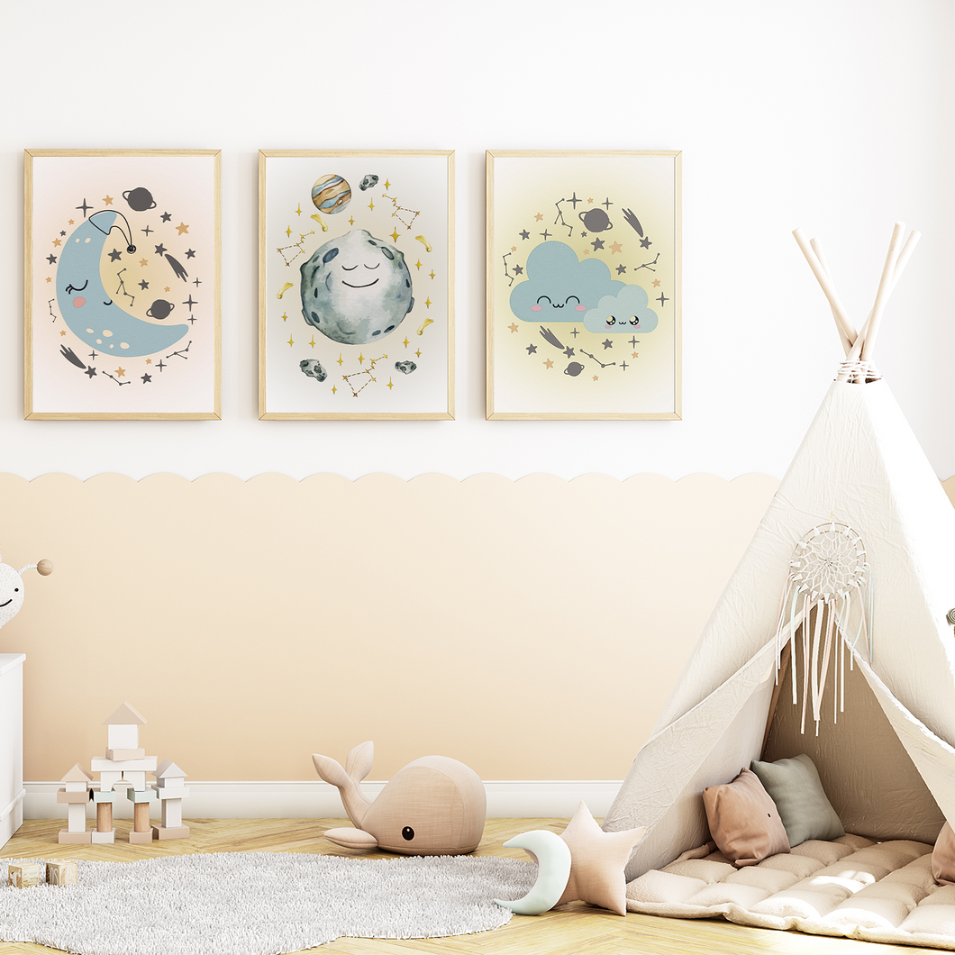 Niedliche Mond Bilder 3er Set DIN A4 Kinderzimmer Wandbilder Babyzimmer Poster Dekoration