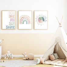 Laden Sie das Bild in den Galerie-Viewer, You are my Sunshine 3er Set Bilder Regenbogen Boho Kinderzimmer Deko DIN A4 Poster Babyzimmer Wandbilder
