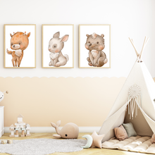 Laden Sie das Bild in den Galerie-Viewer, Süße Tiere Reh Hase Bär Bilder 3er Set DIN A4 Kinderzimmer Wandbilder Babyzimmer Poster Dekoration
