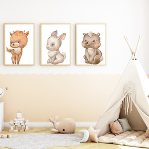 Süße Tiere Reh Hase Bär Bilder 3er Set DIN A4 Kinderzimmer Wandbilder Babyzimmer Poster Dekoration