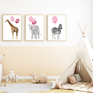 Niedliche Safari Tiere Luftballon Bilder 3er Set DIN A4 Kinderzimmer Wandbilder Babyzimmer Poster Dekoration - Giraffe Elefant Zebra