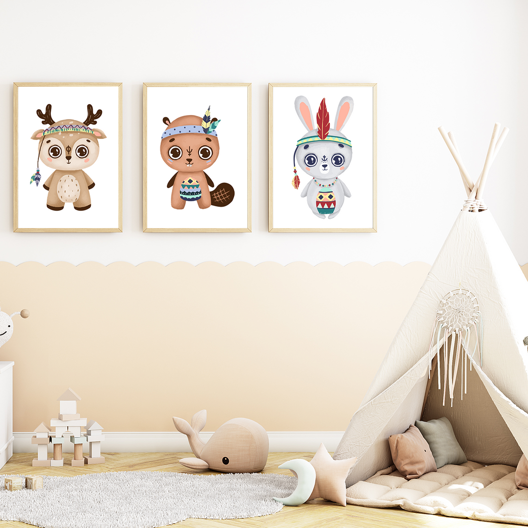 Indianer Tiere 3er Set Kinderzimmer Bilder DIN A4 Poster Babyzimmer Wandbilder Dekoration - Reh Biber Hase