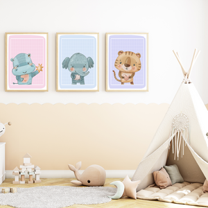 Süße Tiere 3er Set DIN A4 Kinderzimmer Wandbilder Babyzimmer Poster Dekoration Nilpferd Elefant Tiger
