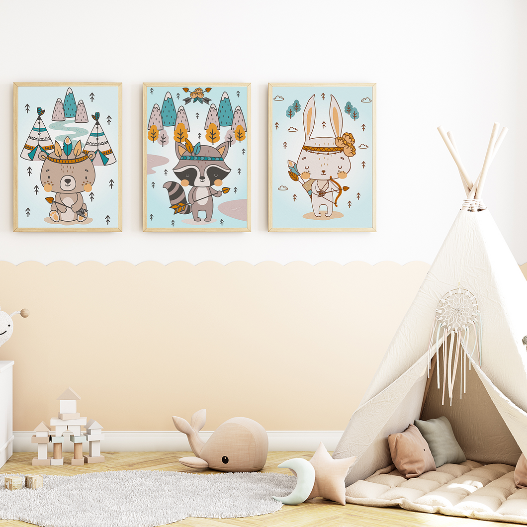 Indianer Waldtiere Bär Waschbär Hase Bilder 3er Set DIN A4 Kinderzimmer Wandbilder Babyzimmer Poster Dekoration