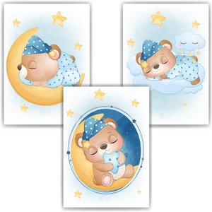 3er Set Poster für Kinderzimmer Bilder Babyzimmer Babyparty Kinderposter Bär Blau