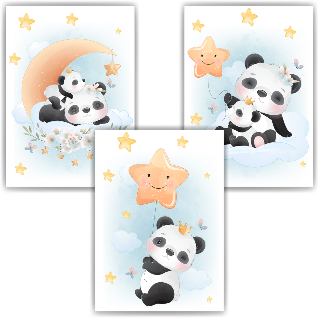 3er Set Poster für Kinderzimmer Bilder Babyzimmer Babyparty Kinderposter Panda Blau