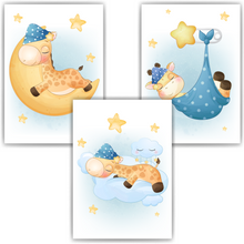 Laden Sie das Bild in den Galerie-Viewer, 3er Set Poster für Kinderzimmer Bilder Babyzimmer Babyparty Kinderposter Giraffe Blau
