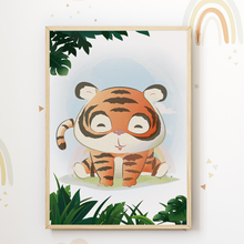 Laden Sie das Bild in den Galerie-Viewer, Elefant Löwe Tiger Affe Safari Tiere Bilder 4er Set DIN A4 Kinderzimmer Wandbilder Babyzimmer Poster Dekoration
