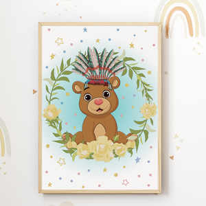 Waldtiere Bilder 6er Set DIN A4 Kinderzimmer Wandbilder Babyzimmer Poster Dekoration - Boho Regenbogen Hase Igel Bär Waschbär