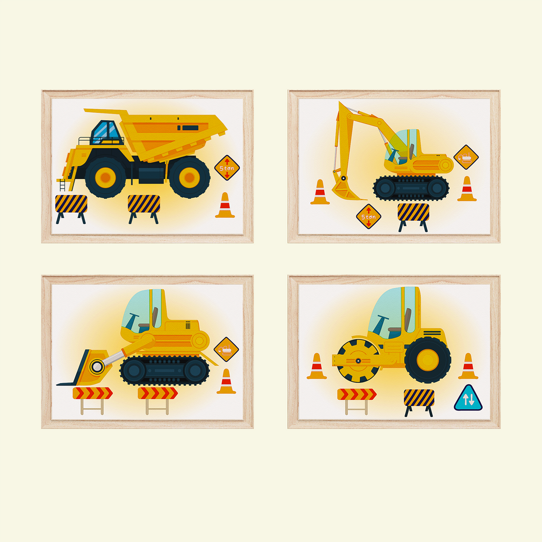 Baufahrzeuge Baustelle Walze Bagger Bilder 4er Set DIN A4 Kinderzimmer Wandbilder Babyzimmer Poster Dekoration