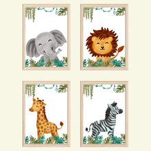 Laden Sie das Bild in den Galerie-Viewer, Safari Tiere 4er Set Bilder Elefant Löwe Giraffe Zebra Kinderzimmer Deko DIN A4 Poster Babyzimmer Wandbilder
