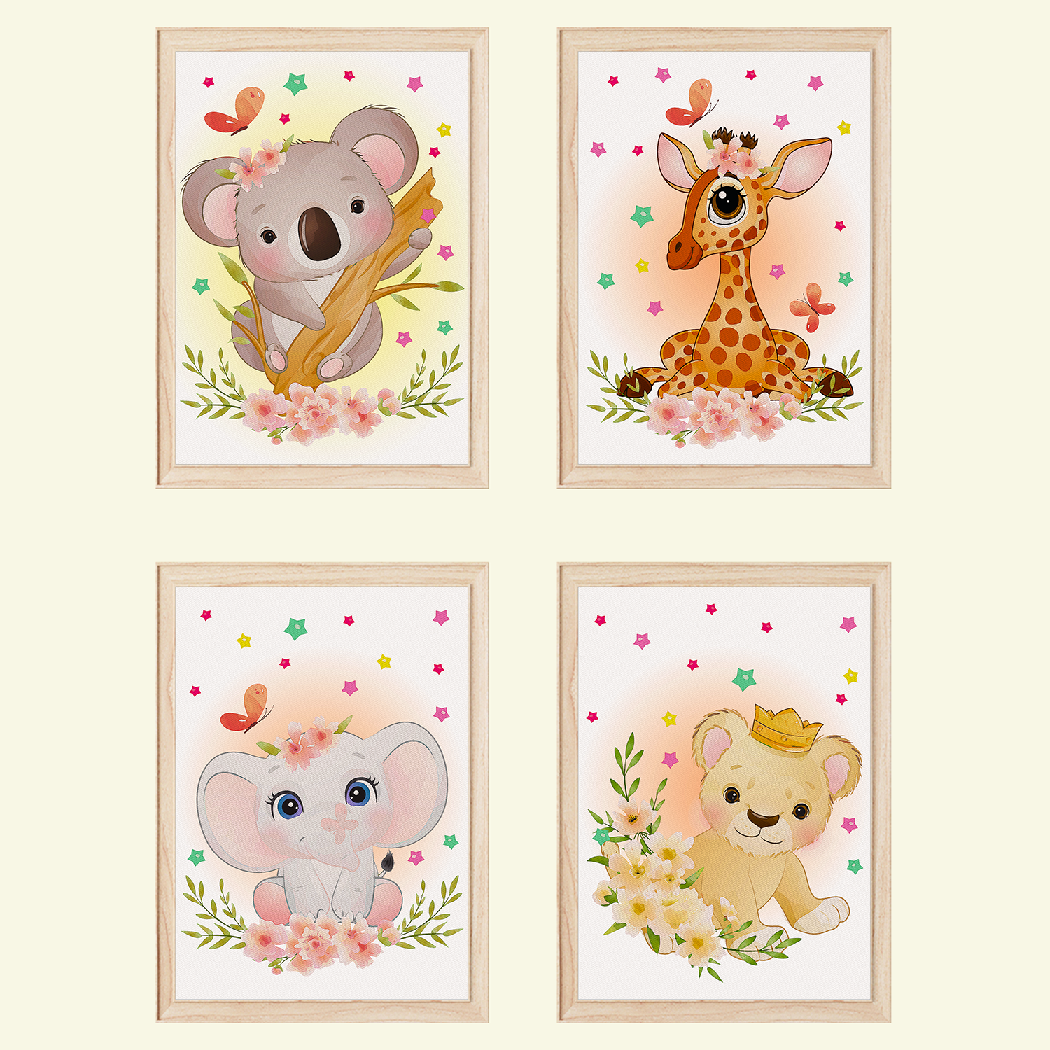Niedliche Tiere – Babyzimm Wandbilder Kinderzimmer 4er Bilder DIN Set A4 Tigerlino®