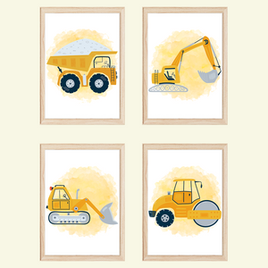 Baufahrzeuge Baustelle Walze Bagger Bilder 4er Set DIN A4 Kinderzimmer Wandbilder Babyzimmer Poster Dekoration