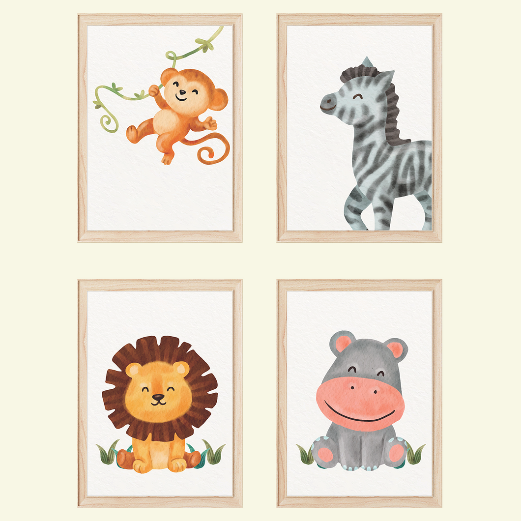 Affe Zebra Löwe Nilpferd Safari Tiere 4er Set Kinderzimmer Bilder DIN A4 Wandbilder Deko Babyzimmer Poster