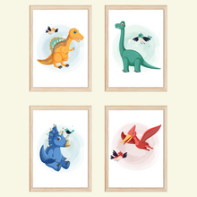 Laden Sie das Bild in den Galerie-Viewer, Dinosaurier Bilder 4er Set DIN A4 Kinderzimmer Wandbilder Babyzimmer Poster Dekoration
